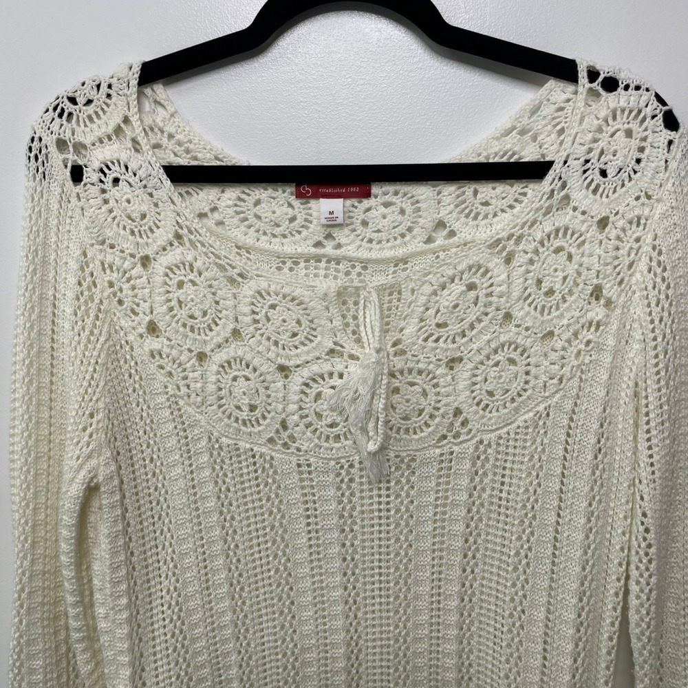 CJ Bank Ivory Crochet Knit Tunic Sweater 3/4 Sleeve Tassel Boho Hippie Granola M - Picture 3 of 11